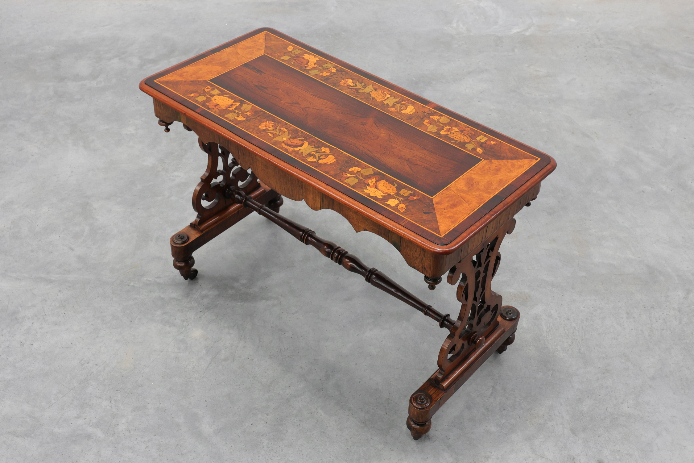 Victorian Walnut Side Table with Inlaid Top and Pierced Scroll Ends, England, circa 1870thumbnail